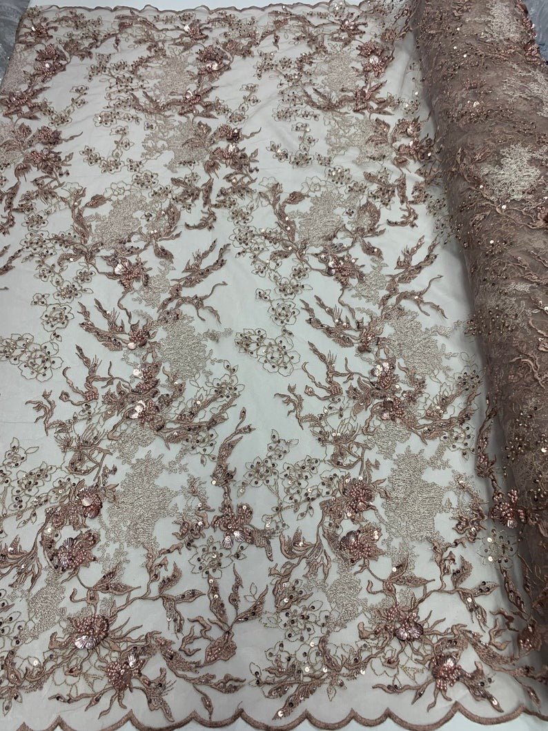 Dusty Rose Sequin 3D Floral Beaded Bridal Lace Fabric