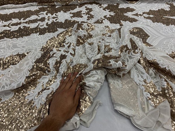 Elegant 4 WAY Stretch Sequins On Power Mesh//Spandex Mesh Lace Sequins Fabric By The Yard//Embroidery Lace/ Gowns/Veil/ BridalICEFABRICICE FABRICSBlack/Gold On Power Mesh1/2 Yard (18 Inches )Elegant 4 WAY Stretch Sequins On Power Mesh//Spandex Mesh Lace Sequins Fabric By The Yard//Embroidery Lace/ Gowns/Veil/ Bridal ICEFABRIC White/Matte Gold On Power Mesh
