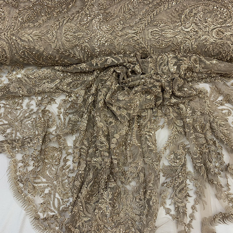 Elegant Embroidered French Lace Beaded Mesh Lace FabricICEFABRICICE FABRICSChampagneElegant Embroidered French Lace Beaded Mesh Lace Fabric ICEFABRIC Champagne