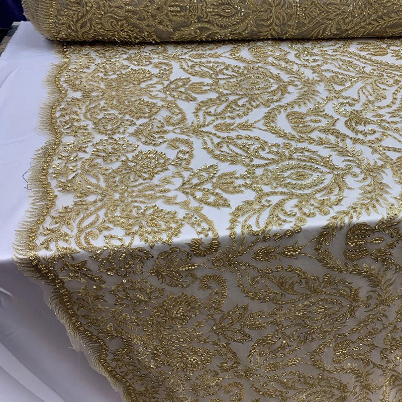 Elegant Embroidered French Lace Beaded Mesh Lace FabricICEFABRICICE FABRICSGoldElegant Embroidered French Lace Beaded Mesh Lace Fabric ICEFABRIC Gold