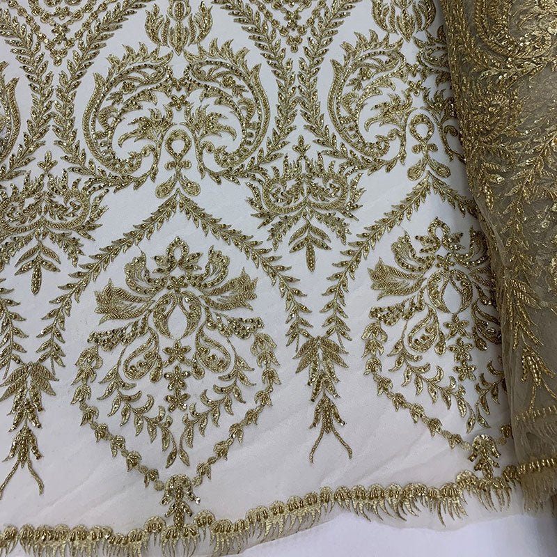 Elegant Embroidered French Lace Beaded Mesh Lace FabricICEFABRICICE FABRICSGoldElegant Embroidered French Lace Beaded Mesh Lace Fabric ICEFABRIC Champagne