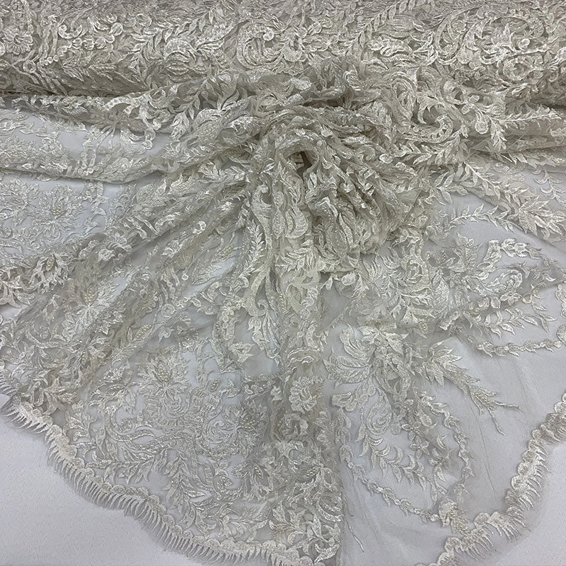 Elegant Embroidered French Lace Beaded Mesh Lace FabricICEFABRICICE FABRICSOff WhiteElegant Embroidered French Lace Beaded Mesh Lace Fabric ICEFABRIC Off White