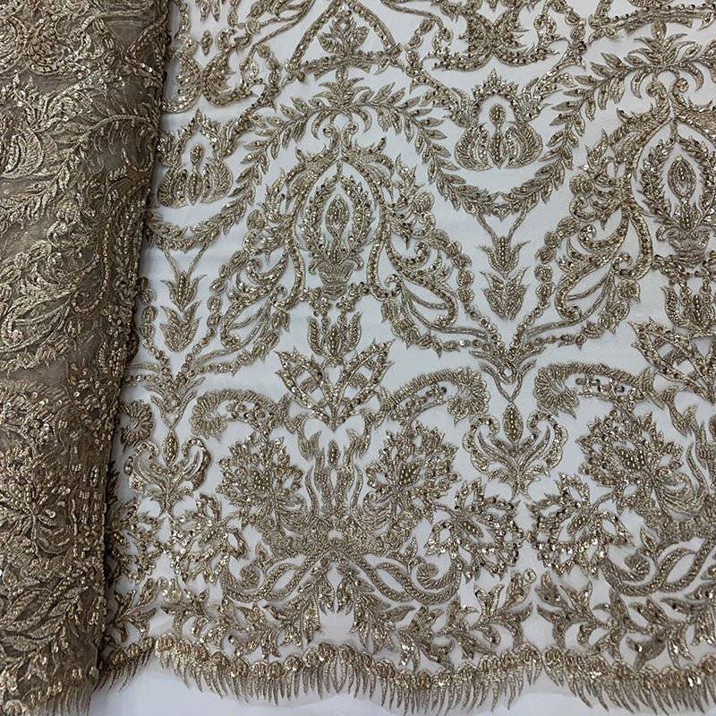 Elegant Embroidered French Lace Beaded Mesh Lace FabricICEFABRICICE FABRICSChampagneElegant Embroidered French Lace Beaded Mesh Lace Fabric ICEFABRIC Champagne