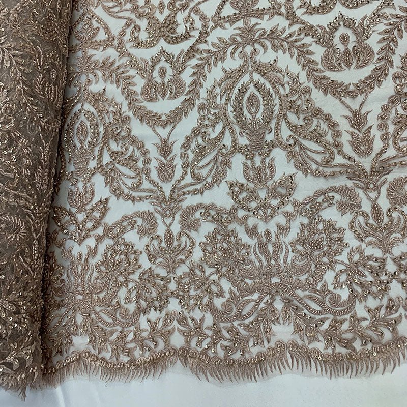 Elegant Embroidered French Lace Beaded Mesh Lace FabricICEFABRICICE FABRICSGoldElegant Embroidered French Lace Beaded Mesh Lace Fabric ICEFABRIC Dusty Rose