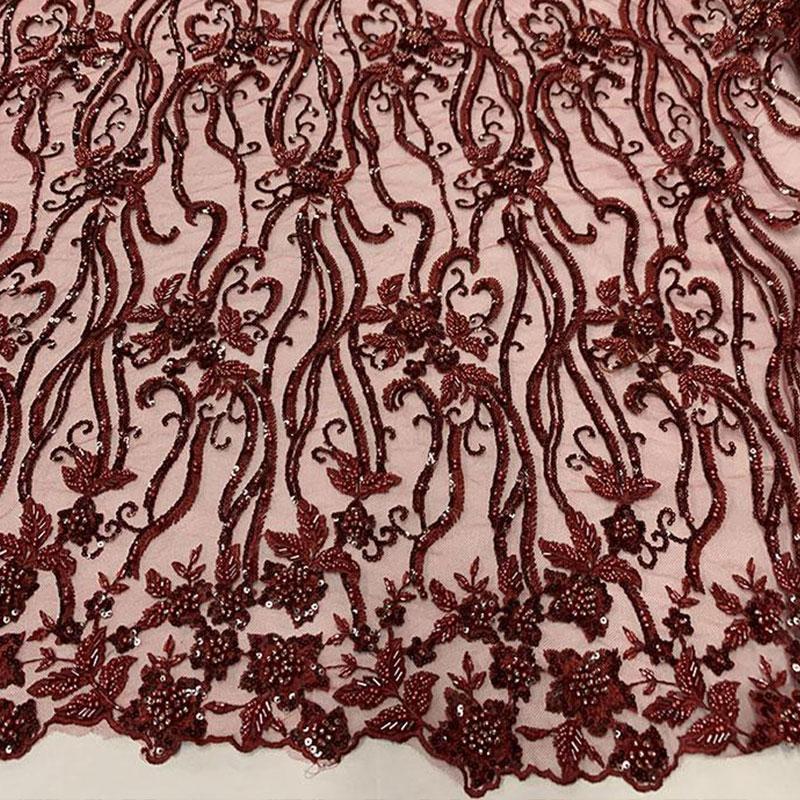 Elegant Flowers Embroidery Bridal Floral Beaded Mesh Lace FabricICEFABRICICE FABRICSBurgundyElegant Flowers Embroidery Bridal Floral Beaded Mesh Lace Fabric ICEFABRIC Burgundy