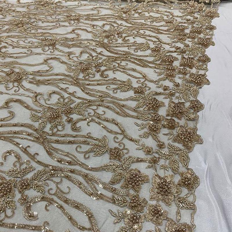 Elegant Flowers Embroidery Bridal Floral Beaded Mesh Lace FabricICEFABRICICE FABRICSChampagneElegant Flowers Embroidery Bridal Floral Beaded Mesh Lace Fabric ICEFABRIC Champagne