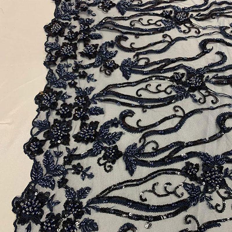 Elegant Flowers Embroidery Bridal Floral Beaded Mesh Lace FabricICEFABRICICE FABRICSNavy BlueElegant Flowers Embroidery Bridal Floral Beaded Mesh Lace Fabric ICEFABRIC Navy Blue