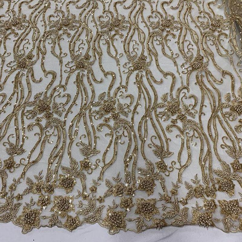 Elegant Flowers Embroidery Bridal Floral Beaded Mesh Lace FabricICEFABRICICE FABRICSLight GoldElegant Flowers Embroidery Bridal Floral Beaded Mesh Lace Fabric ICEFABRIC Light Gold