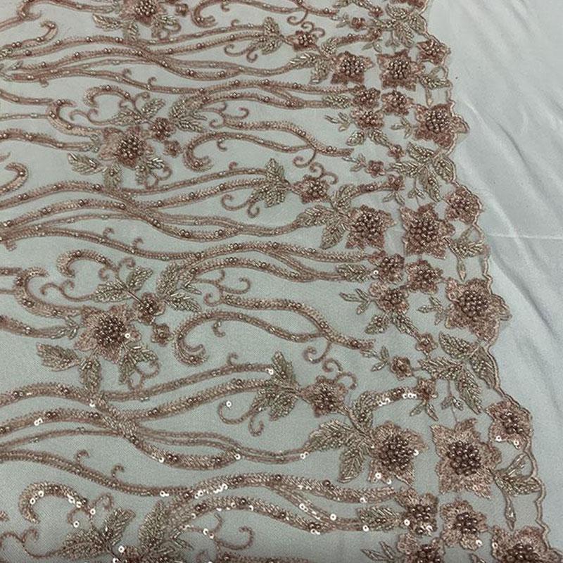 Elegant Flowers Embroidery Bridal Floral Beaded Mesh Lace FabricICEFABRICICE FABRICSDusty RoseElegant Flowers Embroidery Bridal Floral Beaded Mesh Lace Fabric ICEFABRIC Dusty Rose