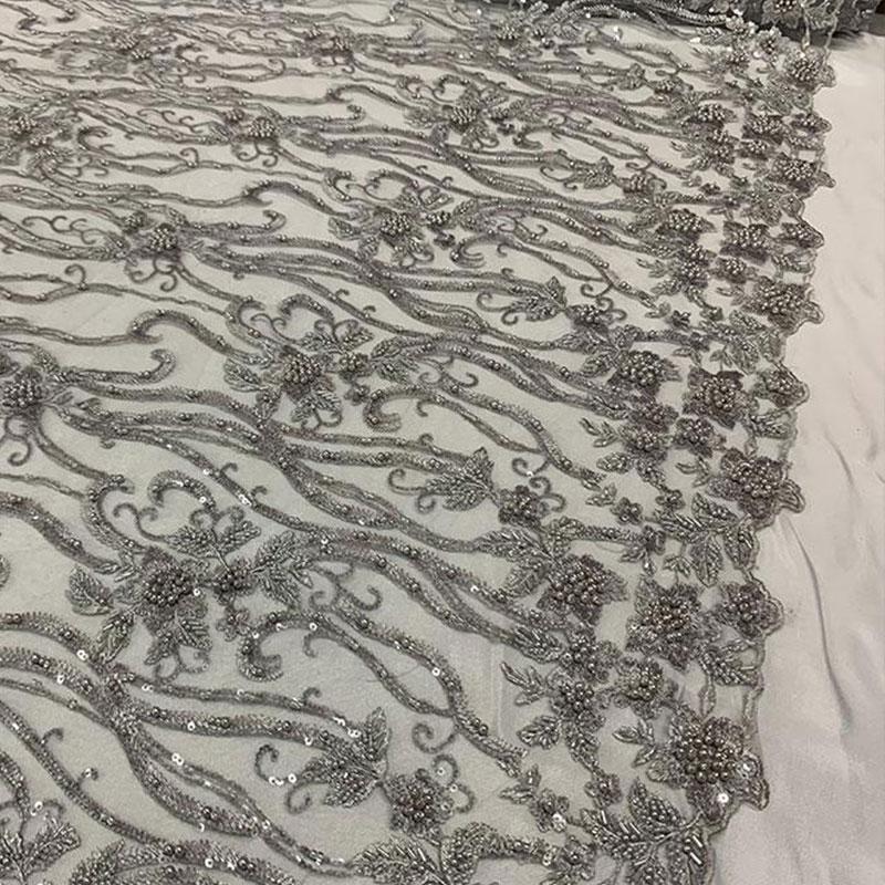 Elegant Flowers Embroidery Bridal Floral Beaded Mesh Lace FabricICEFABRICICE FABRICSSilverElegant Flowers Embroidery Bridal Floral Beaded Mesh Lace Fabric ICEFABRIC Silver
