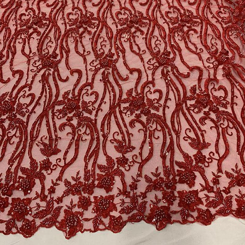 Elegant Flowers Embroidery Bridal Floral Beaded Mesh Lace FabricICEFABRICICE FABRICSRedElegant Flowers Embroidery Bridal Floral Beaded Mesh Lace Fabric ICEFABRIC Red