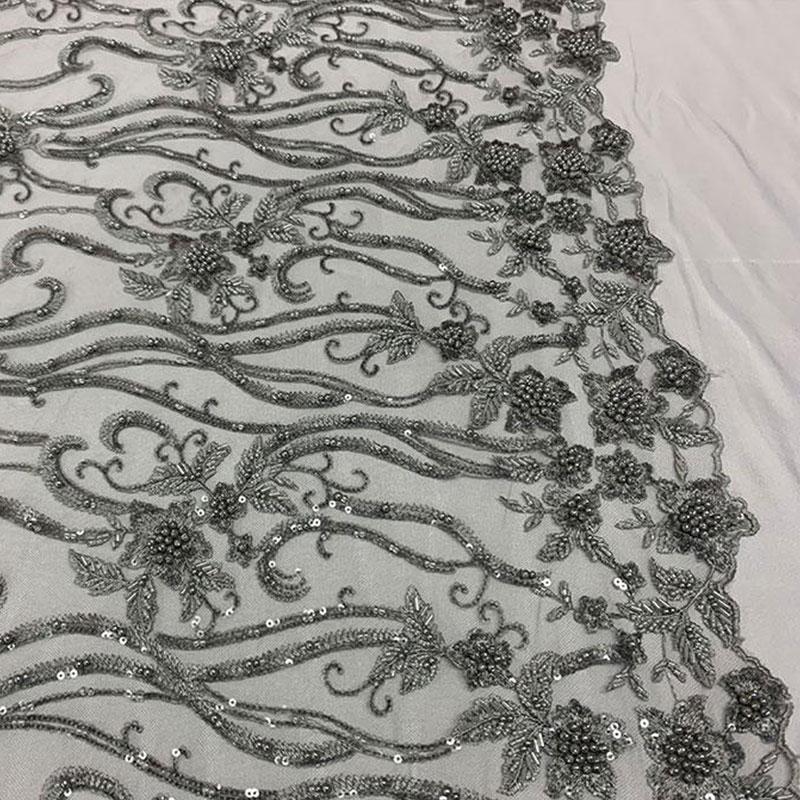 Elegant Flowers Embroidery Bridal Floral Beaded Mesh Lace FabricICEFABRICICE FABRICSGrayElegant Flowers Embroidery Bridal Floral Beaded Mesh Lace Fabric ICEFABRIC Gray