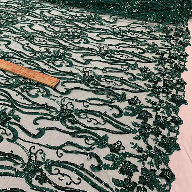 Elegant Flowers Embroidery Bridal Floral Beaded Mesh Lace FabricICEFABRICICE FABRICSHunter GreenElegant Flowers Embroidery Bridal Floral Beaded Mesh Lace Fabric ICEFABRIC Hunter Green