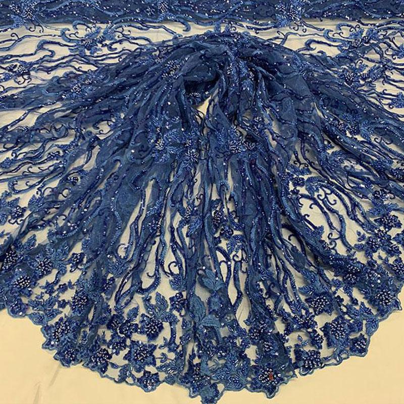 Elegant Flowers Embroidery Bridal Floral Beaded Mesh Lace FabricICEFABRICICE FABRICSRoyal BlueElegant Flowers Embroidery Bridal Floral Beaded Mesh Lace Fabric ICEFABRIC Royal Blue