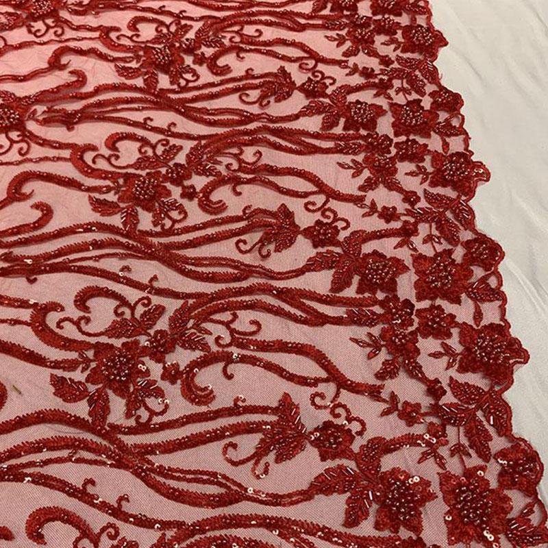 Elegant Flowers Embroidery Bridal Floral Beaded Mesh Lace FabricICEFABRICICE FABRICSRedElegant Flowers Embroidery Bridal Floral Beaded Mesh Lace Fabric ICEFABRIC Red