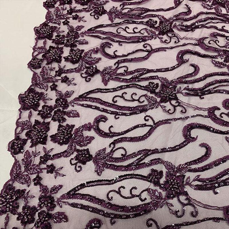 Elegant Flowers Embroidery Bridal Floral Beaded Mesh Lace FabricICEFABRICICE FABRICSPlumElegant Flowers Embroidery Bridal Floral Beaded Mesh Lace Fabric ICEFABRIC Plum