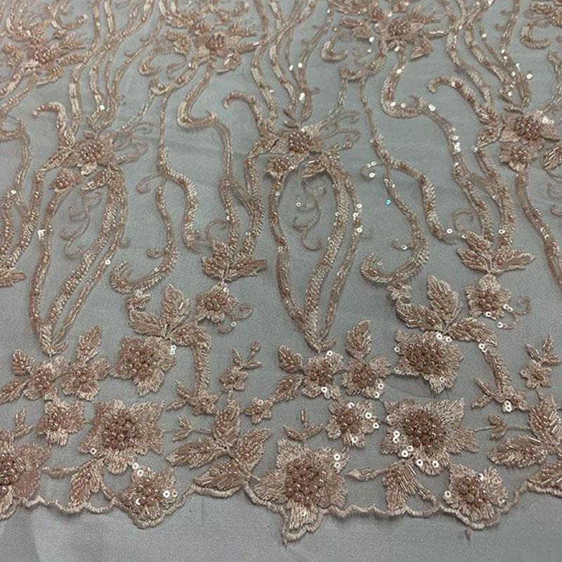 Elegant Flowers Embroidery Bridal Floral Beaded Mesh Lace FabricICEFABRICICE FABRICSPeachElegant Flowers Embroidery Bridal Floral Beaded Mesh Lace Fabric ICEFABRIC Peach