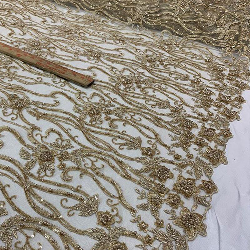 Elegant Flowers Embroidery Bridal Floral Beaded Mesh Lace FabricICEFABRICICE FABRICSLight GoldElegant Flowers Embroidery Bridal Floral Beaded Mesh Lace Fabric ICEFABRIC Light Gold