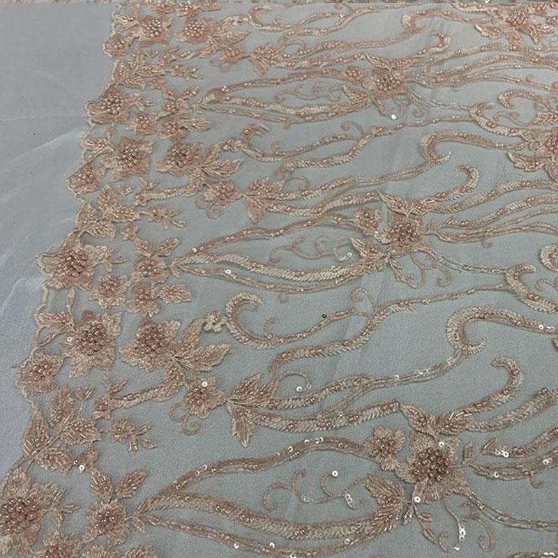 Elegant Flowers Embroidery Bridal Floral Beaded Mesh Lace FabricICEFABRICICE FABRICSPeachElegant Flowers Embroidery Bridal Floral Beaded Mesh Lace Fabric ICEFABRIC Peach
