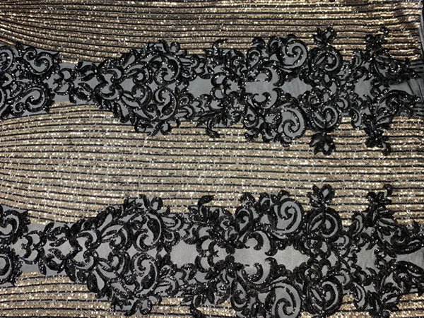 Elegant French Power Spandex Stretch Mesh Lace Sequin Fabric By The YardICEFABRICICE FABRICSBlack/GoldBy The Yard (58" Wide)Elegant French Power Spandex Stretch Mesh Lace Sequin Fabric By The Yard ICEFABRIC Black