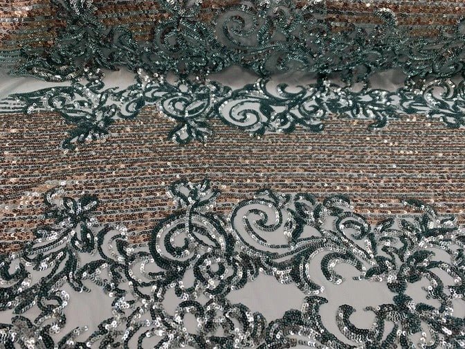 Elegant French Power Spandex Stretch Mesh Lace Sequin Fabric By The YardICEFABRICICE FABRICSMint/GoldBy The Yard (58" Wide)Elegant French Power Spandex Stretch Mesh Lace Sequin Fabric By The Yard ICEFABRIC Mint/Gold