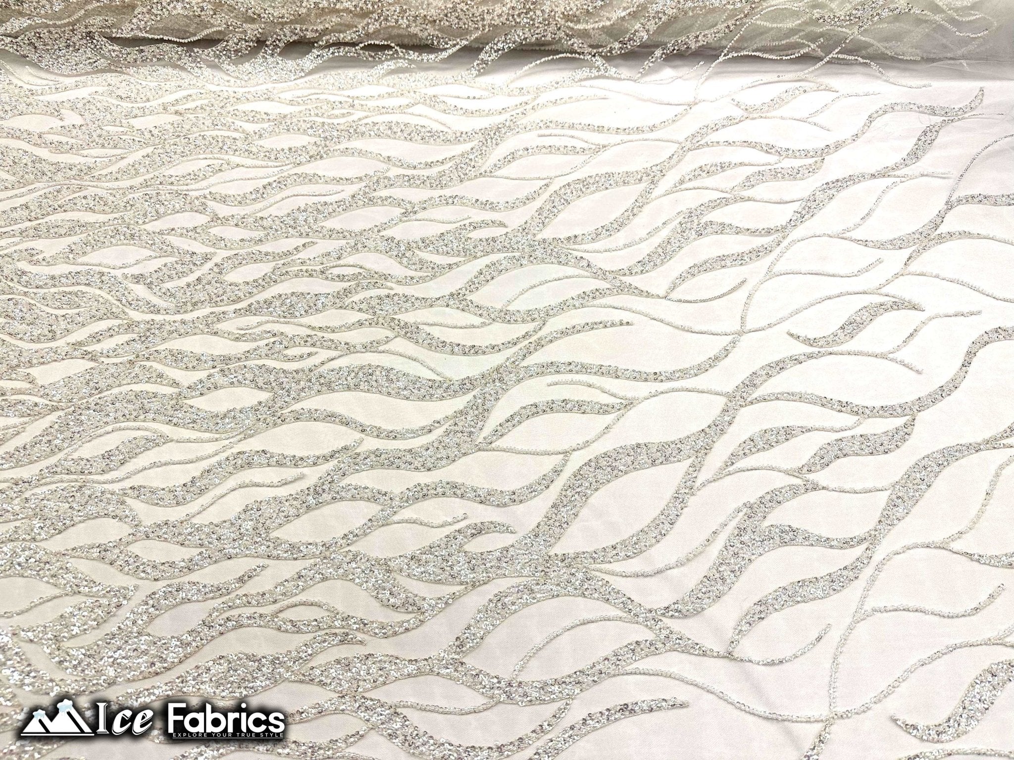 Elegant Heavy Beaded Fabric Lace Fabric with SequinICE FABRICSICE FABRICSOff WhiteBy The Yard (54" Wide)Elegant Heavy Beaded Fabric Lace Fabric with Sequin ICE FABRICS Off White