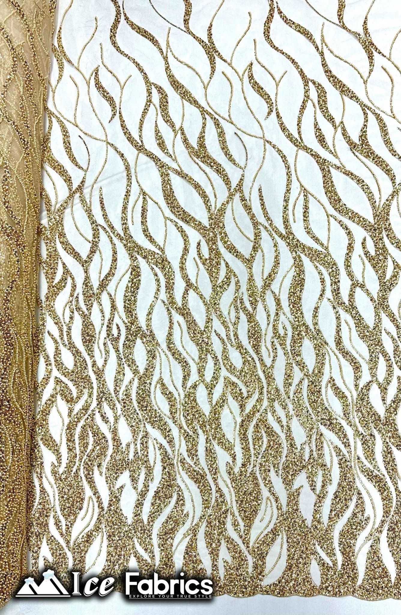 Elegant Heavy Beaded Fabric Lace Fabric with SequinICE FABRICSICE FABRICSGoldBy The Yard (54" Wide)Elegant Heavy Beaded Fabric Lace Fabric with Sequin ICE FABRICS Gold