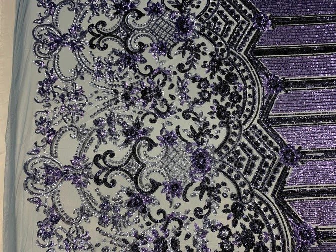 Elegant New Casino Design Embroidered 4 Way Nude Mesh Spandex Stretchy Sequin FabricICEFABRICICE FABRICSWhite&GoldElegant New Casino Design Embroidered 4 Way Nude Mesh Spandex Stretchy Sequin Fabric ICEFABRIC Lilac