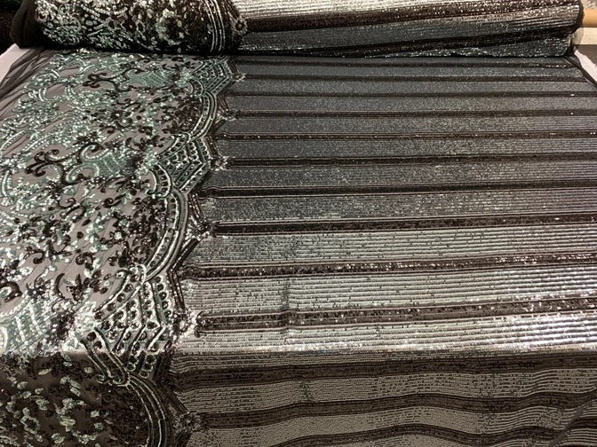 Elegant New Casino Design Embroidered 4 Way Nude Mesh Spandex Stretchy Sequin FabricICEFABRICICE FABRICSWhite&GoldElegant New Casino Design Embroidered 4 Way Nude Mesh Spandex Stretchy Sequin Fabric ICEFABRIC Gray&Black