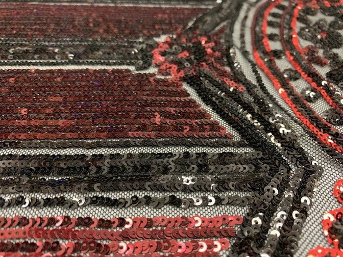 Elegant New Casino Design Embroidered 4 Way Nude Mesh Spandex Stretchy Sequin FabricICEFABRICICE FABRICSRed&BlackElegant New Casino Design Embroidered 4 Way Nude Mesh Spandex Stretchy Sequin Fabric ICEFABRIC Red&Black