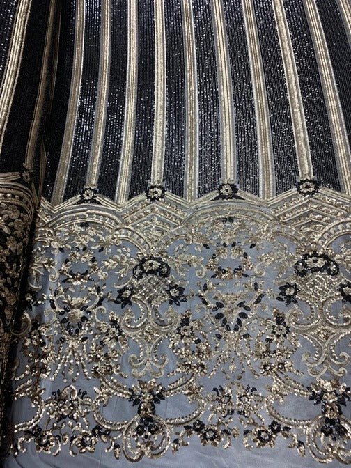 Elegant New Casino Design Embroidered 4 Way Nude Mesh Spandex Stretchy Sequin FabricICEFABRICICE FABRICSBlack&GoldElegant New Casino Design Embroidered 4 Way Nude Mesh Spandex Stretchy Sequin Fabric ICEFABRIC Black&Gold