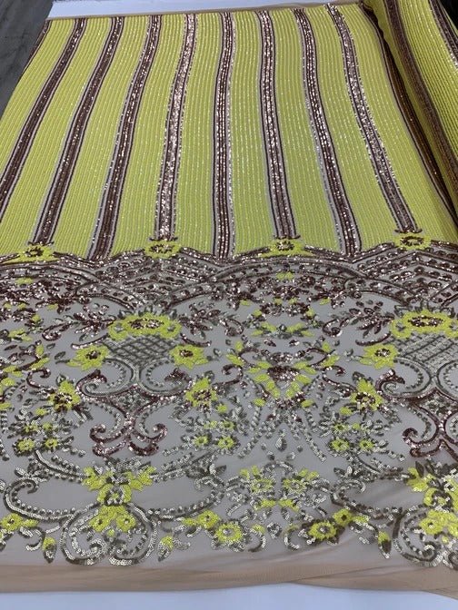 Elegant New Casino Design Embroidered 4 Way Nude Mesh Spandex Stretchy Sequin FabricICEFABRICICE FABRICSYellow&RoseElegant New Casino Design Embroidered 4 Way Nude Mesh Spandex Stretchy Sequin Fabric ICEFABRIC Yellow&Rose