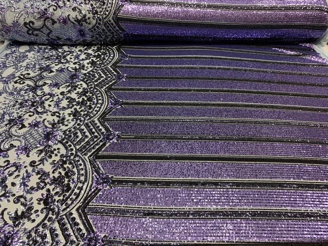 Elegant New Casino Design Embroidered 4 Way Nude Mesh Spandex Stretchy Sequin FabricICEFABRICICE FABRICSWhite&GoldElegant New Casino Design Embroidered 4 Way Nude Mesh Spandex Stretchy Sequin Fabric ICEFABRIC Lilac