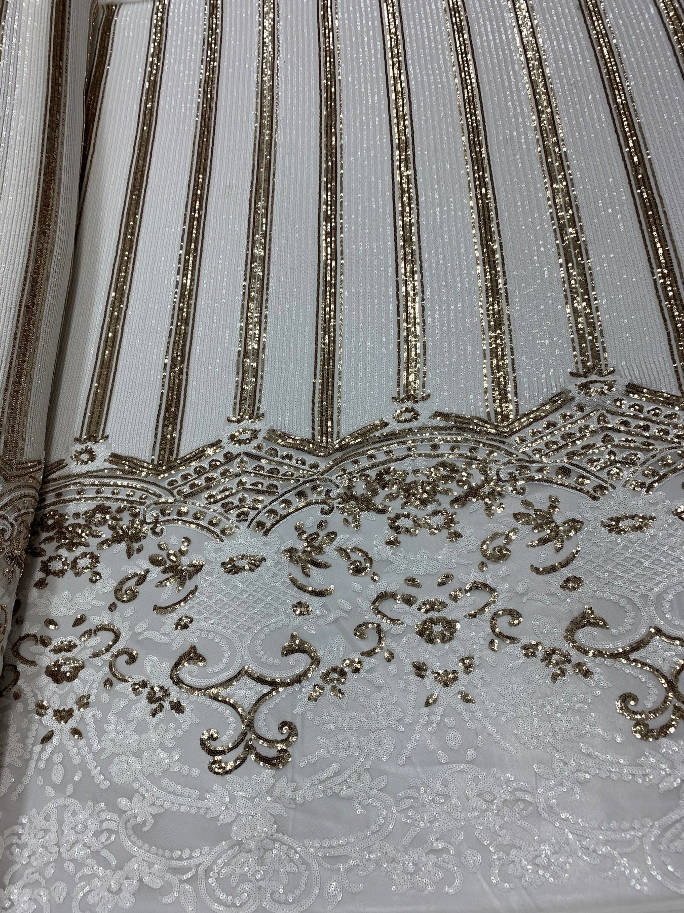 Elegant New Casino Design Embroidered 4 Way Nude Mesh Spandex Stretchy Sequin FabricICEFABRICICE FABRICSWhite&GoldElegant New Casino Design Embroidered 4 Way Nude Mesh Spandex Stretchy Sequin Fabric ICEFABRIC White&Gold