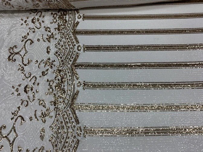 Elegant New Casino Design Embroidered 4 Way Nude Mesh Spandex Stretchy Sequin FabricICEFABRICICE FABRICSWhite&GoldElegant New Casino Design Embroidered 4 Way Nude Mesh Spandex Stretchy Sequin Fabric ICEFABRIC White&Gold