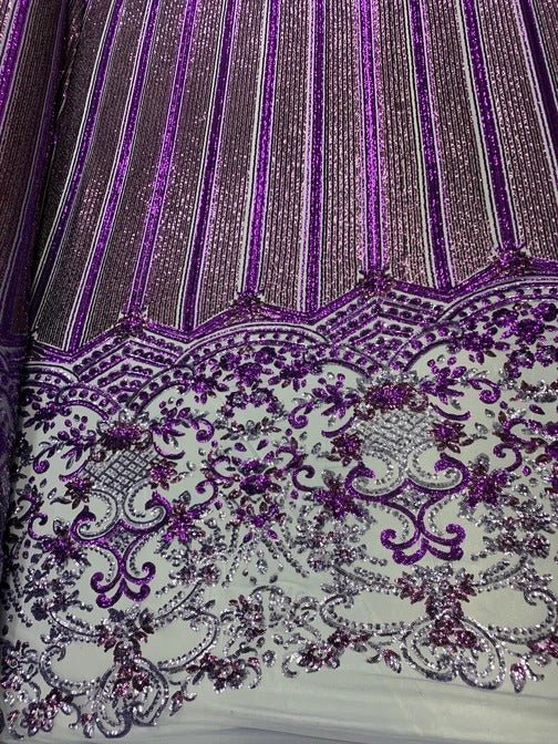 Elegant New Casino Design Embroidered 4 Way Nude Mesh Spandex Stretchy Sequin FabricICEFABRICICE FABRICSPurpleElegant New Casino Design Embroidered 4 Way Nude Mesh Spandex Stretchy Sequin Fabric ICEFABRIC Purple