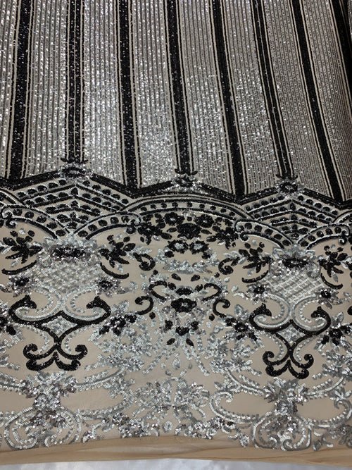 Elegant New Casino Design Embroidered 4 Way Nude Mesh Spandex Stretchy Sequin FabricICEFABRICICE FABRICSSilver&BlackElegant New Casino Design Embroidered 4 Way Nude Mesh Spandex Stretchy Sequin Fabric ICEFABRIC Silver&Black
