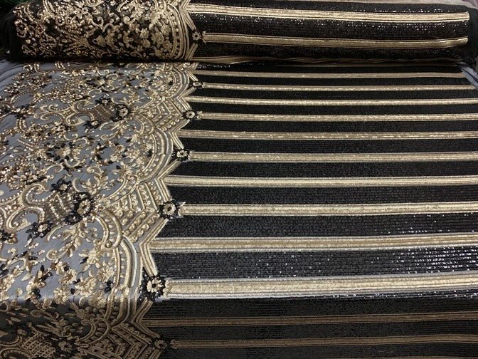 Elegant New Casino Design Embroidered 4 Way Nude Mesh Spandex Stretchy Sequin FabricICEFABRICICE FABRICSBlack&GoldElegant New Casino Design Embroidered 4 Way Nude Mesh Spandex Stretchy Sequin Fabric ICEFABRIC Black&Gold
