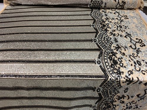Elegant New Casino Design Embroidered 4 Way Nude Mesh Spandex Stretchy Sequin FabricICEFABRICICE FABRICSSilver&BlackElegant New Casino Design Embroidered 4 Way Nude Mesh Spandex Stretchy Sequin Fabric ICEFABRIC Silver&Black