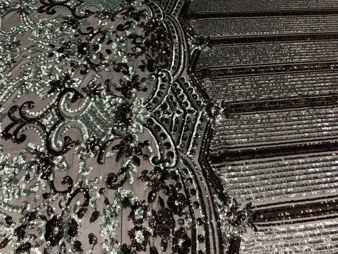 Elegant New Casino Design Embroidered 4 Way Nude Mesh Spandex Stretchy Sequin FabricICEFABRICICE FABRICSWhite&GoldElegant New Casino Design Embroidered 4 Way Nude Mesh Spandex Stretchy Sequin Fabric ICEFABRIC Gray&Black