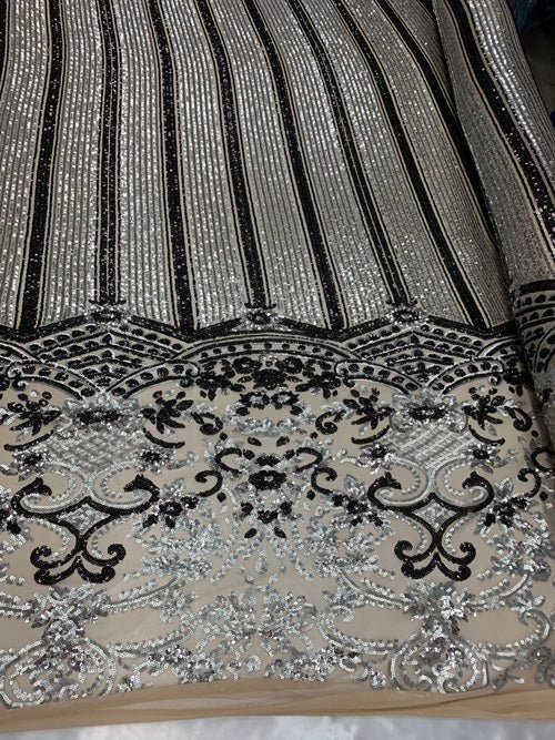 Elegant New Casino Design Embroidered 4 Way Nude Mesh Spandex Stretchy Sequin FabricICEFABRICICE FABRICSSilver&BlackElegant New Casino Design Embroidered 4 Way Nude Mesh Spandex Stretchy Sequin Fabric ICEFABRIC Silver&Black