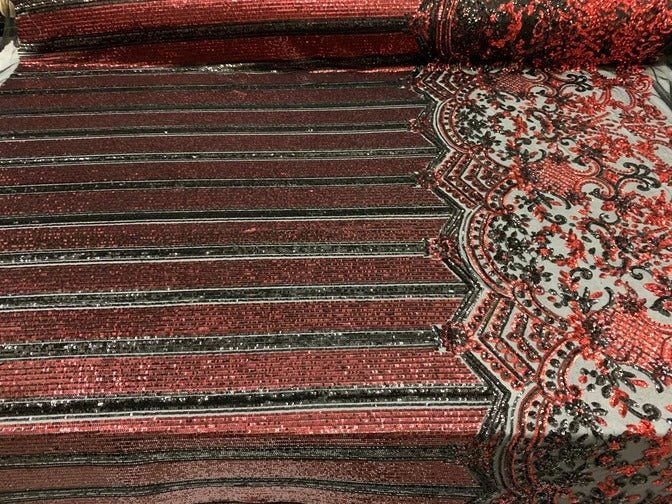 Elegant New Casino Design Embroidered 4 Way Nude Mesh Spandex Stretchy Sequin FabricICEFABRICICE FABRICSSilver&BlackElegant New Casino Design Embroidered 4 Way Nude Mesh Spandex Stretchy Sequin Fabric ICEFABRIC Red&Black