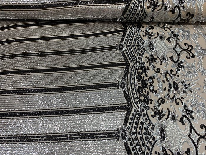Elegant New Casino Design Embroidered 4 Way Nude Mesh Spandex Stretchy Sequin FabricICEFABRICICE FABRICSBlack&GoldElegant New Casino Design Embroidered 4 Way Nude Mesh Spandex Stretchy Sequin Fabric ICEFABRIC Silver&Black