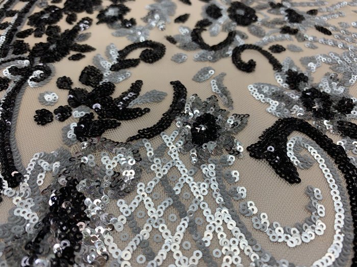 Elegant New Casino Design Embroidered 4 Way Nude Mesh Spandex Stretchy Sequin FabricICEFABRICICE FABRICSBlack&GoldElegant New Casino Design Embroidered 4 Way Nude Mesh Spandex Stretchy Sequin Fabric ICEFABRIC Silver&Black