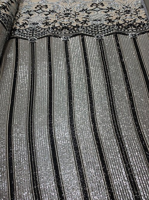 Elegant New Casino Design Embroidered 4 Way Nude Mesh Spandex Stretchy Sequin FabricICEFABRICICE FABRICSSilver&BlackElegant New Casino Design Embroidered 4 Way Nude Mesh Spandex Stretchy Sequin Fabric ICEFABRIC Silver&Black