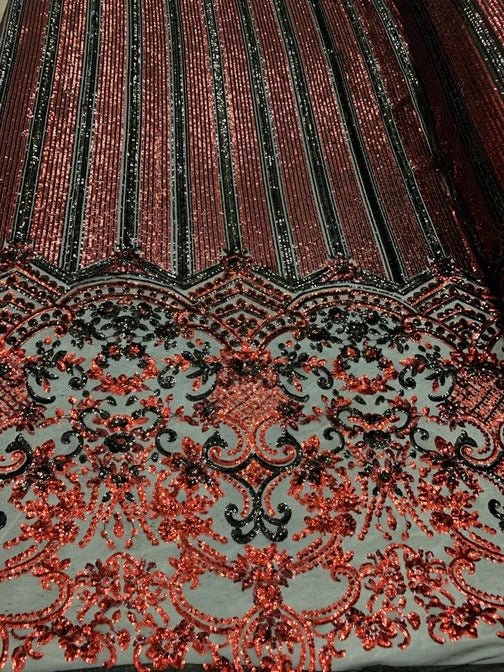 Elegant New Casino Design Embroidered 4 Way Nude Mesh Spandex Stretchy Sequin FabricICEFABRICICE FABRICSRed&BlackElegant New Casino Design Embroidered 4 Way Nude Mesh Spandex Stretchy Sequin Fabric ICEFABRIC Red&Black