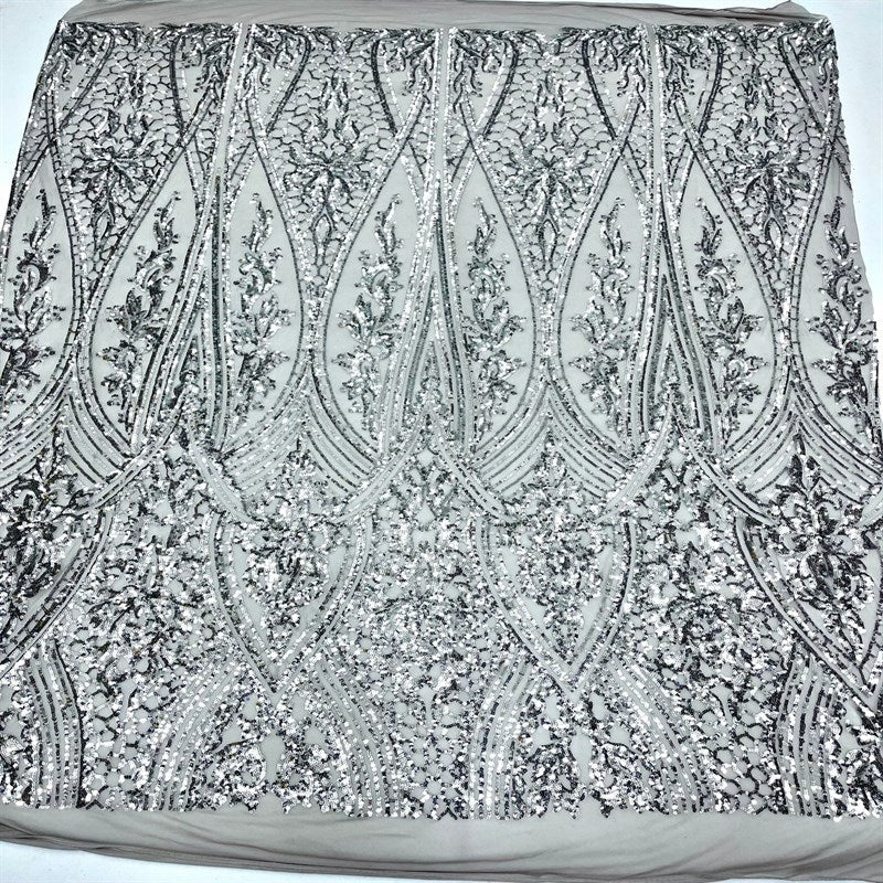 Elizabeth Embroidery Sequin Fabric Geometric Stretch MeshICE FABRICSICE FABRICSElizabeth Sequin SilverBy the yard (36 inches Length)58 inches WidthSilverElizabeth Embroidery Sequin Fabric Geometric Stretch Mesh ICE FABRICS Silver