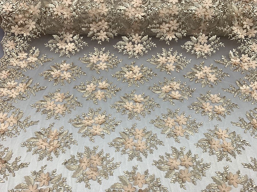 Embroider 3D Flowers Peach Bridal Floral Beaded Mesh Lace Fabric By The YardICEFABRICICE FABRICSEmbroider 3D Flowers Peach Bridal Floral Beaded Mesh Lace Fabric By The Yard ICEFABRIC