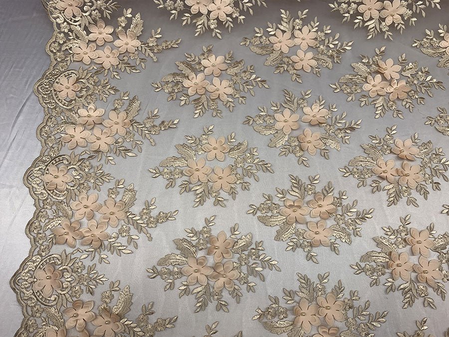 Embroider 3D Flowers Peach Bridal Floral Beaded Mesh Lace Fabric By The YardICEFABRICICE FABRICSEmbroider 3D Flowers Peach Bridal Floral Beaded Mesh Lace Fabric By The Yard ICEFABRIC