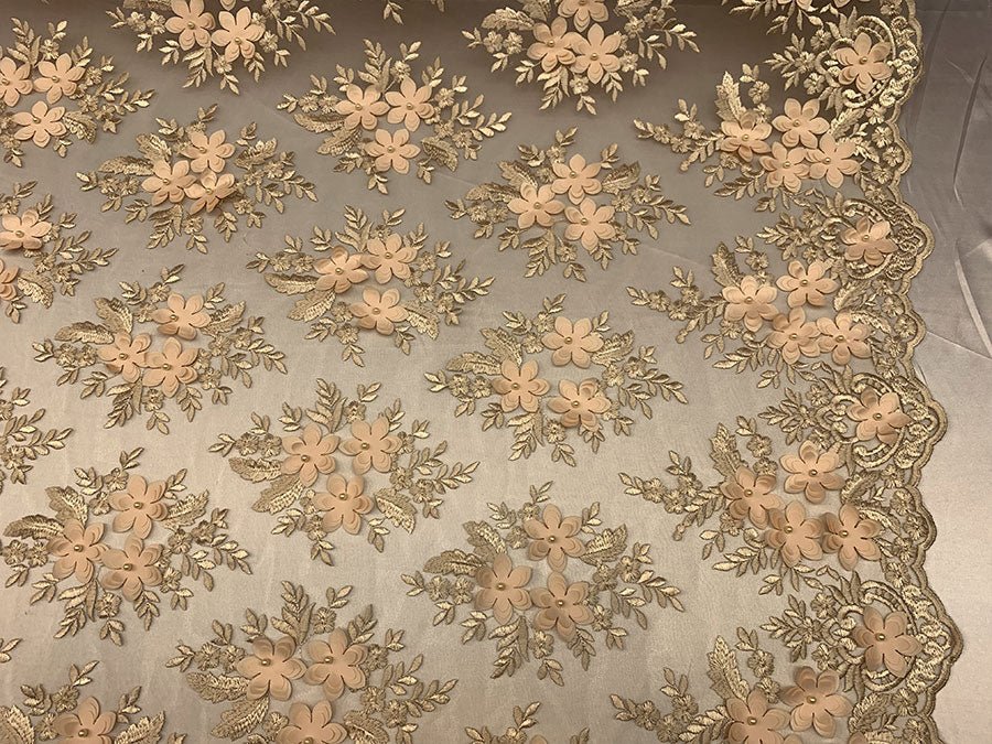 Embroider 3D Flowers Peach Bridal Floral Beaded Mesh Lace Fabric By The YardICEFABRICICE FABRICSEmbroider 3D Flowers Peach Bridal Floral Beaded Mesh Lace Fabric By The Yard ICEFABRIC